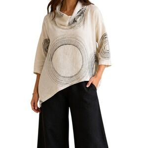 Yasuko Kurisaka Cream Swirl Print Linen Art to Wear Cowl Neck Asymmetrical Top